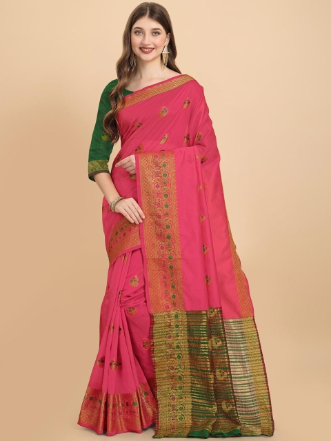 

Wuxi Pink & Green Woven Design Zari Pure Cotton Banarasi Saree