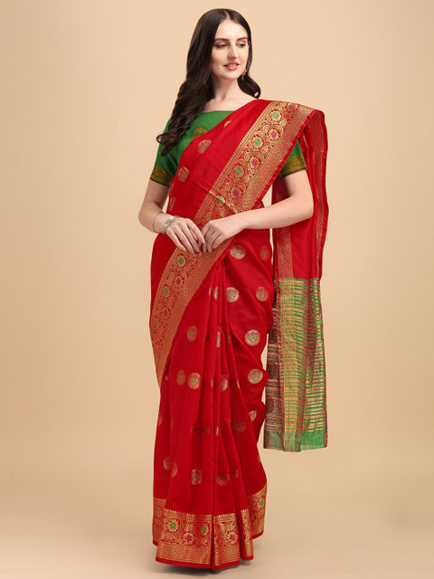 

Wuxi Red & Green Woven Design Zari Pure Cotton Banarasi Saree