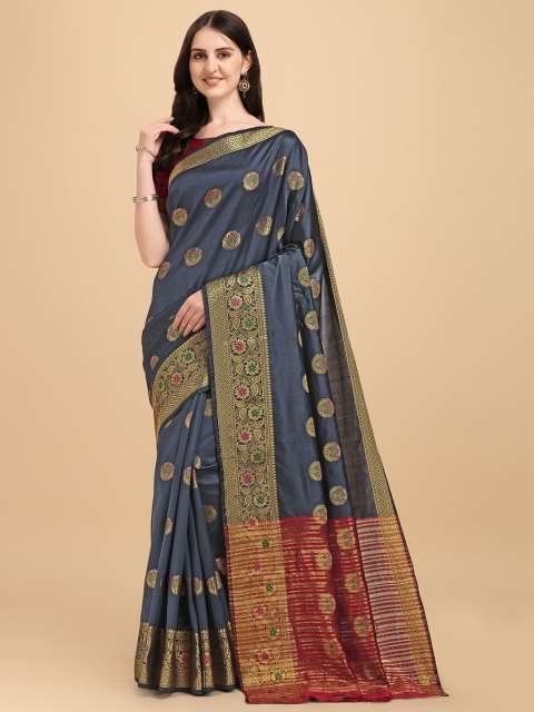 

Wuxi Grey & Red Woven Design Zari Pure Cotton Banarasi Saree