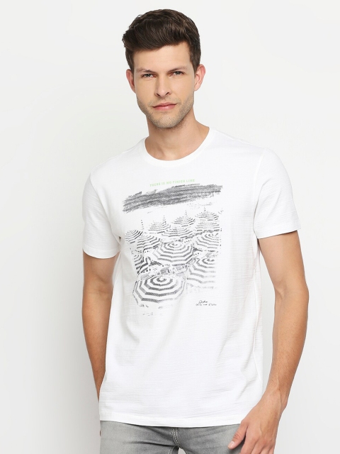 

SPYKAR Men White Printed Raw Edge Slim Fit T-shirt