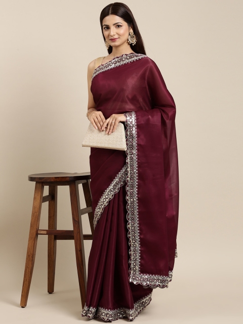 

PERFECTBLUE Burgundy Solid Sequinned Organza Saree
