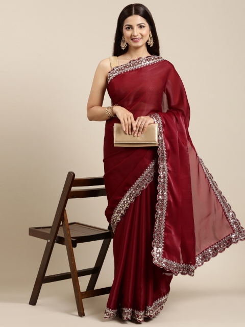 

PERFECTBLUE Maroon Solid Sequinned Organza Saree
