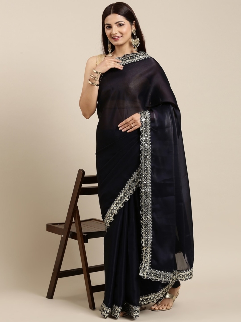 

PERFECTBLUE Navy Blue Solid Sequinned Organza Saree