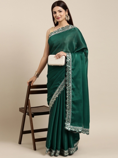 

PERFECTBLUE Green Solid Sequinned Organza Saree