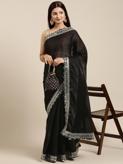 

PERFECTBLUE Black Solid Sequinned Organza Saree