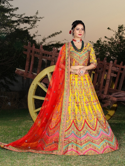 

ASPORA Yellow & Red Embroidered Thread Work Semi-Stitched Lehenga & Unstitched Blouse With Dupatta