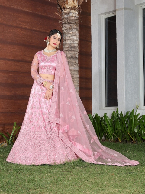 

ASPORA Pink Embroidered Beads and Stones Semi-Stitched Lehenga & Unstitched Blouse With Dupatta