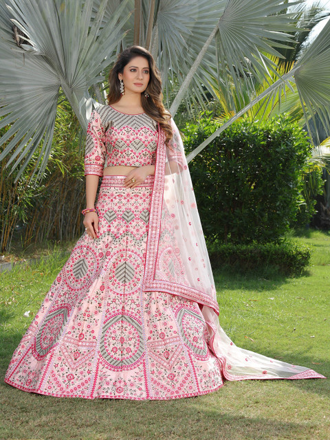 

ASPORA White & Grey Embroidered Semi-Stitched Lehenga & Unstitched Blouse With Dupatta