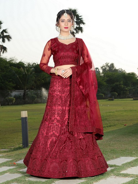 

ASPORA Maroon Embroidered Beads and Stones Semi-Stitched Lehenga & Unstitched Blouse With Dupatta