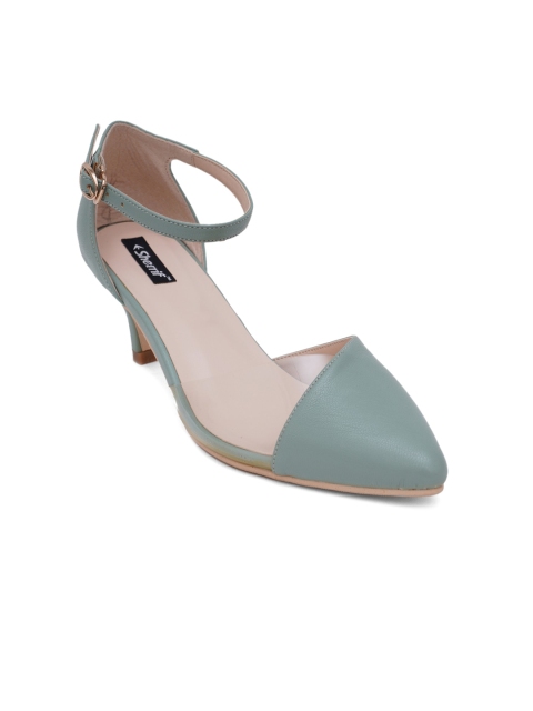 

Sherrif Shoes Green Party Kitten Pumps with Buckles