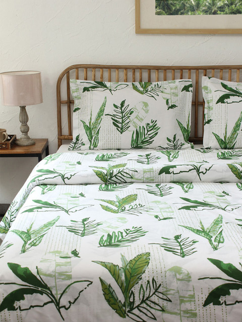 

House This Green & White Printed 3 Double Bed Cotton Bedsheet with 2 Pillow Covers