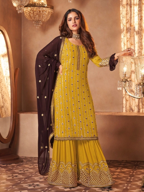 

Fashion Basket Yellow & Coffee Brown Embroidered Semi-Stitched Dress Material