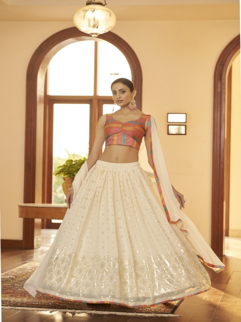 

SHUBHKALA White & Pink Printed Semi-Stitched Lehenga & Unstitched Blouse With Dupatta