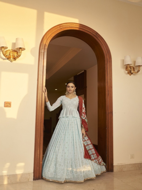 

SHUBHKALA Turquoise Blue & Gold-Toned Semi-Stitched Lehenga & Unstitched Blouse With Dupatta