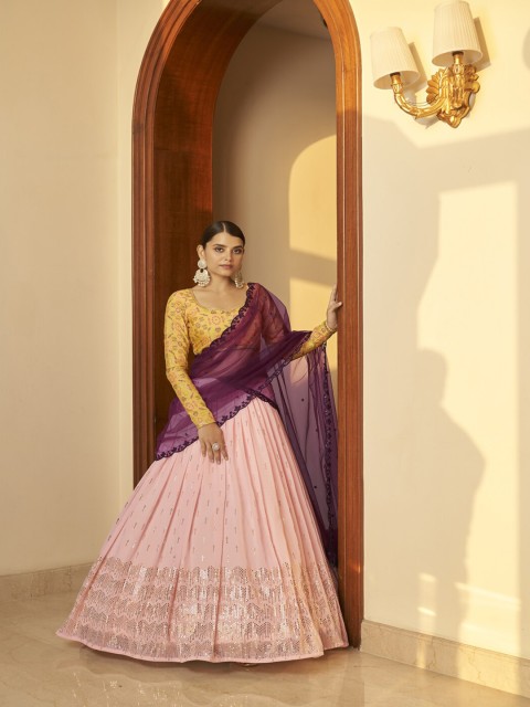 

SHUBHKALA Pink & Gold-Toned Semi-Stitched Lehenga & Unstitched Blouse With Dupatta