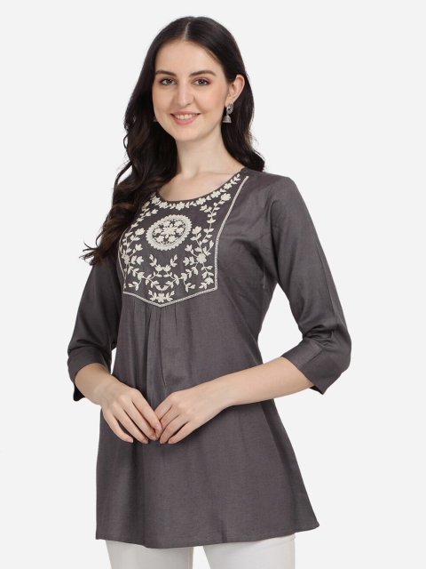 

Pure 9 Women Grey & White Solid Cotton A-line Kurti