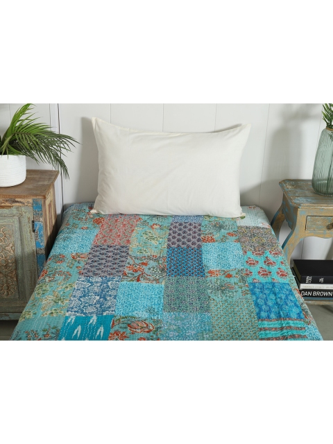 

HANDICRAFT PALACE Turquoise Blue Kantha Embroidered Patchwork Cotton Single Bed Cover