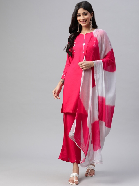 Yuris Women Pink Panelled Thread Work Kurta with Palazzos & With Dupatta