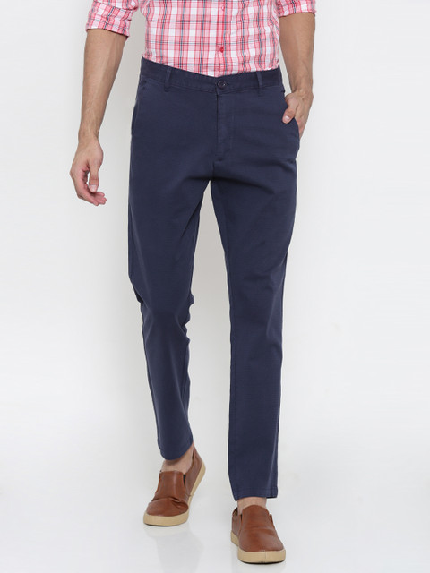 

Indigo Nation Men Navy Ultra Slim Fit Printed Chino Trousers, Navy blue