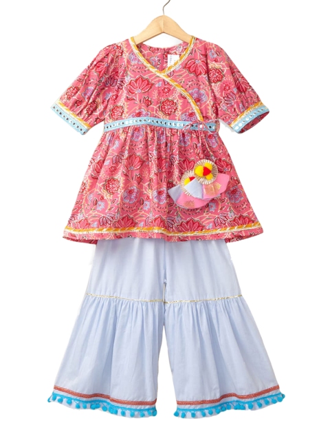 

Hopscotch Girls Multicoloured Printed Angrakha Pure Cotton Kurta With Skirt & Dupatta, Multi
