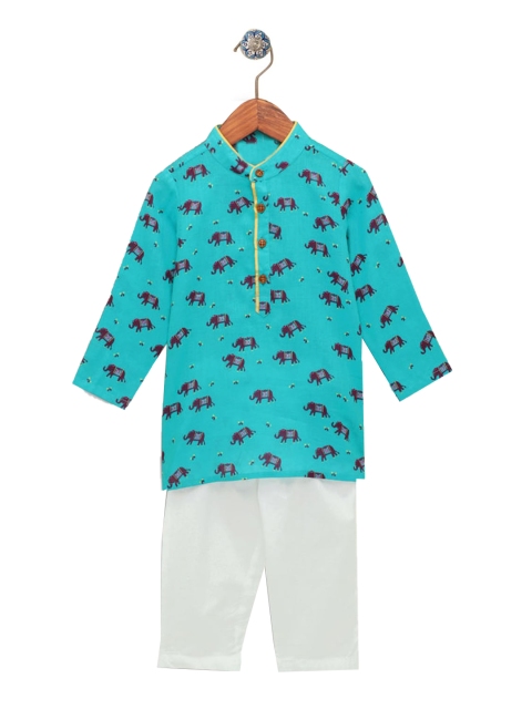 

Hopscotch Boys Animal Print Kurta Pajama Set, Turquoise blue