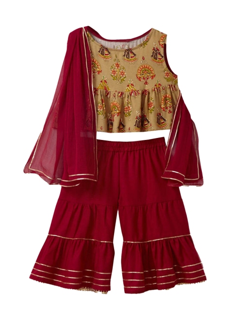 

Hopscotch Girls Peach-Coloured Printed Angrakha Pure Cotton Kurti with Sharara & Dupatta