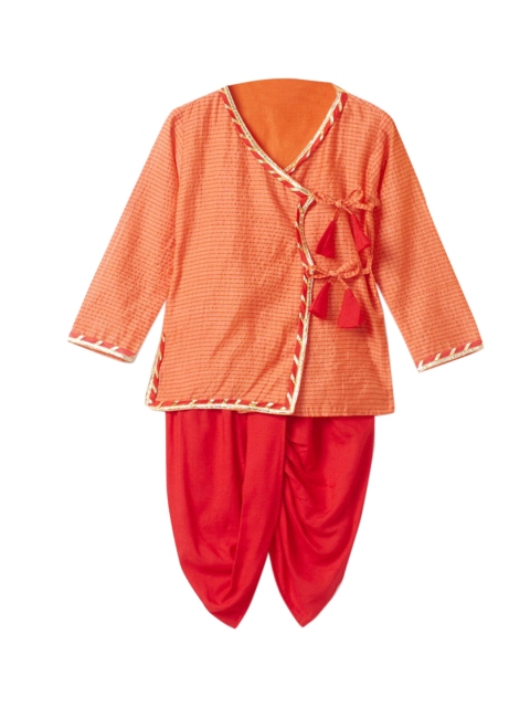 

Hopscotch Boys Red Angrakha Pure Cotton Kurta with Churidar