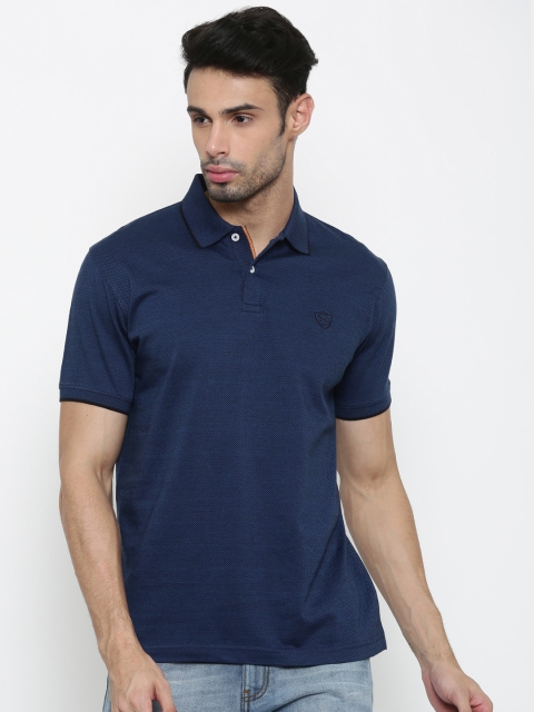 

SCULLERS Men Navy Slim Fit Self Design Polo Collar T-shirt, Blue