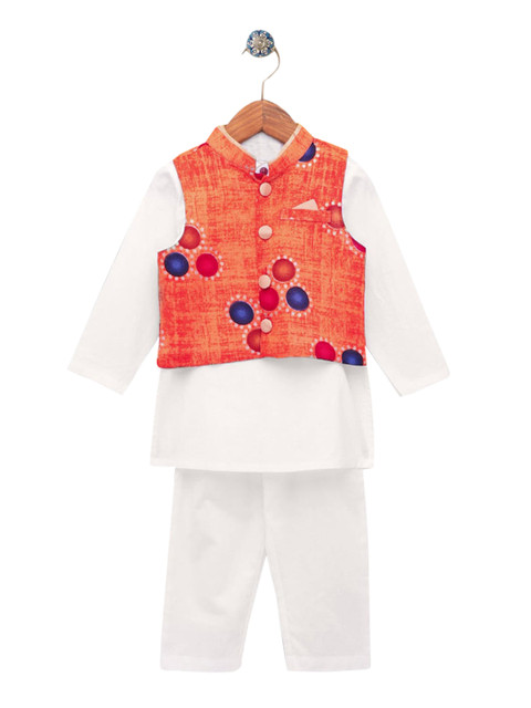 

Hopscotch Boys White Layered Pure Cotton Kurti with Trousers with Nehru Jacket