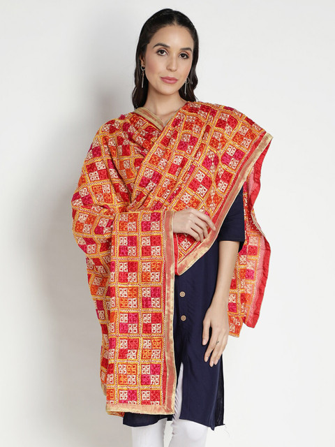 

Moda Chales Red & Orange Embroidered Dupatta with Phulkari