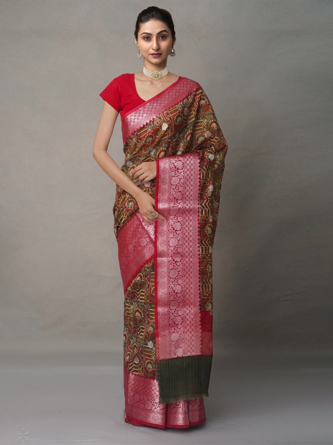 

Unnati Silks Women Magenta & Green Ajrak Block Printed ZariMaheshwari Saree