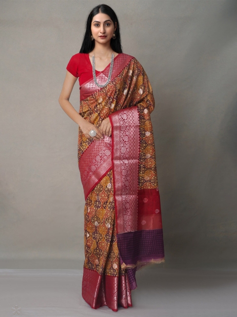 

Unnati Women Silks Magenta & Red Zari Silk Cotton Ajrakh Maheshwari Saree