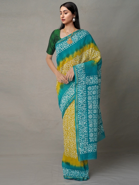 

Unnati Silks Green & Yellow Batik Zari Pure Cotton Jamdani Saree