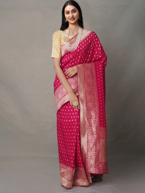 

Unnati Silks Women Pink & Gold-Toned Woven Design Zari Banarasi Saree