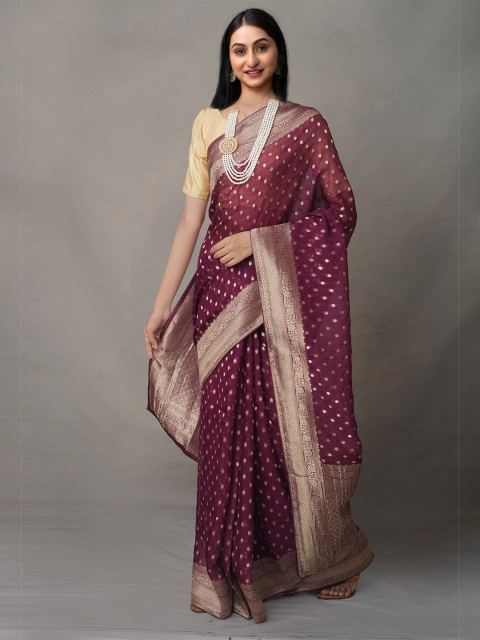 

Unnati Silks Purple & Gold-Toned Ethnic Motifs Zari Pure Silk Banarasi Saree