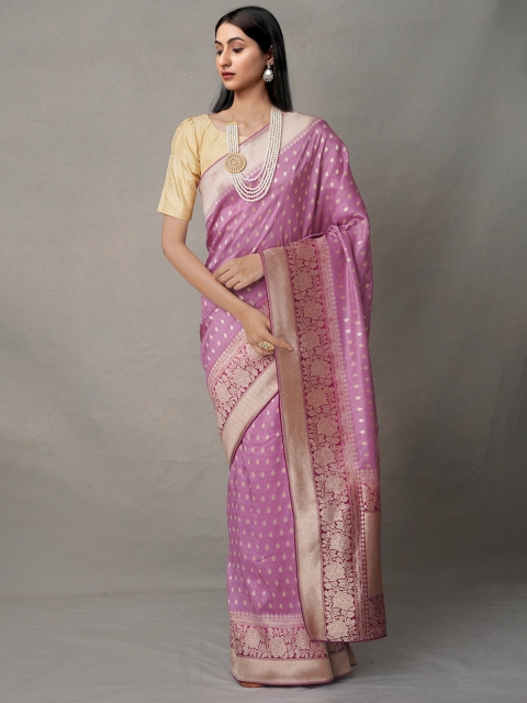 

Unnati Silks Pink & Gold-Toned Woven Design Zari Silk Cotton Banarasi Saree