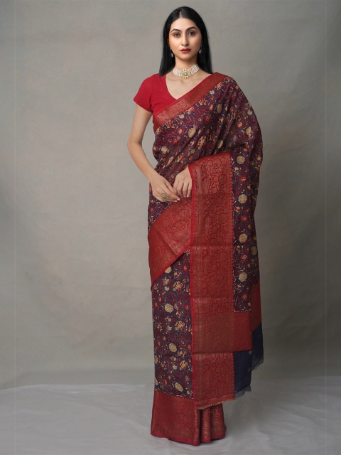 

Unnati Silks Blue & Maroon Zari Silk Cotton Maheshwari Saree