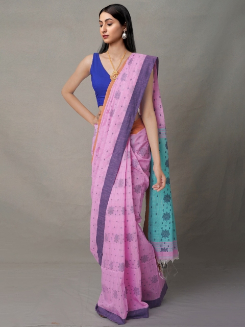 

Unnati Silks Pink & Blue Woven Design Pure Handloom Bengal Linen Saree