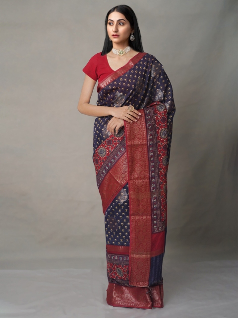 

Unnati Silks Navy Blue & Maroon Silk Cotton Maheshwari Saree