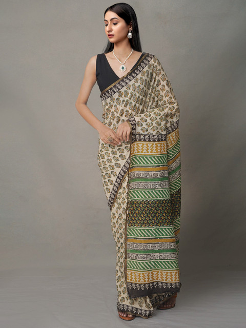 

Unnati Silks Cream-Coloured & Green Ethnic Motifs Pure Cotton Block Print Saree