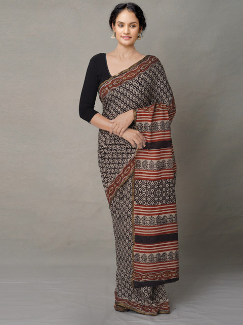 

Unnati Silks Black & Gold-Toned Tie and Dye Pure Cotton Block Print Saree