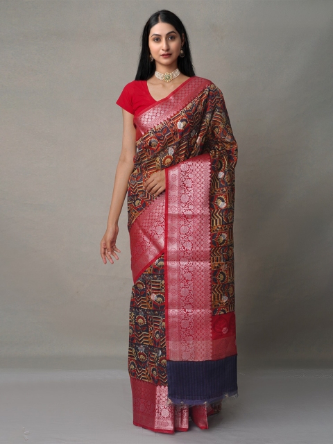 

Unnati Silks Black & Maroon Zari Silk Cotton Maheshwari Saree