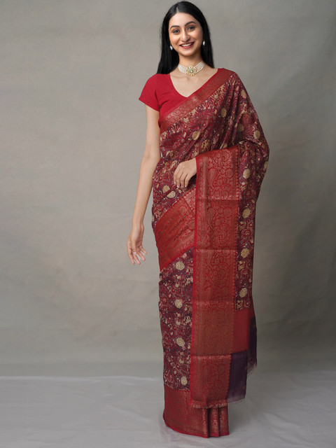 

Unnati Silks Maroon & Beige Zari Silk Cotton Maheshwari Saree