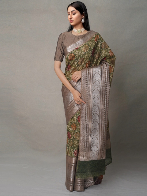 

Unnati Silks Green & Silver-Toned Zari Silk Cotton Maheshwari Saree