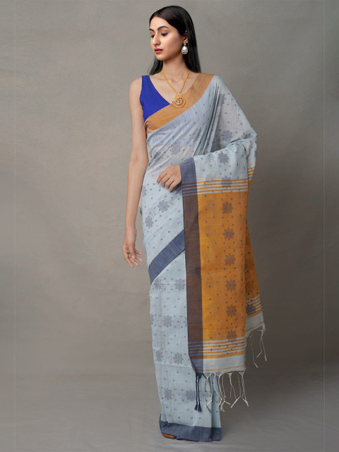 

Unnati Silks Blue & Mustard Yellow Motifs Pure Linen Handloom Sustainable Jamdani Saree