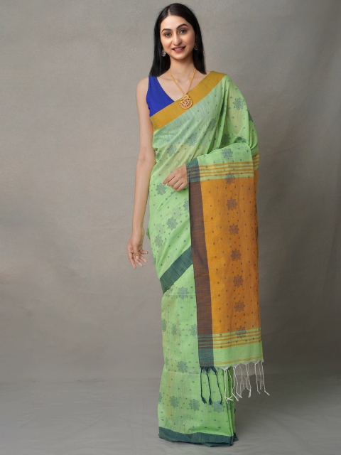 

Unnati Silks Green & Yellow Woven Design Pure Linen Jamdani Saree