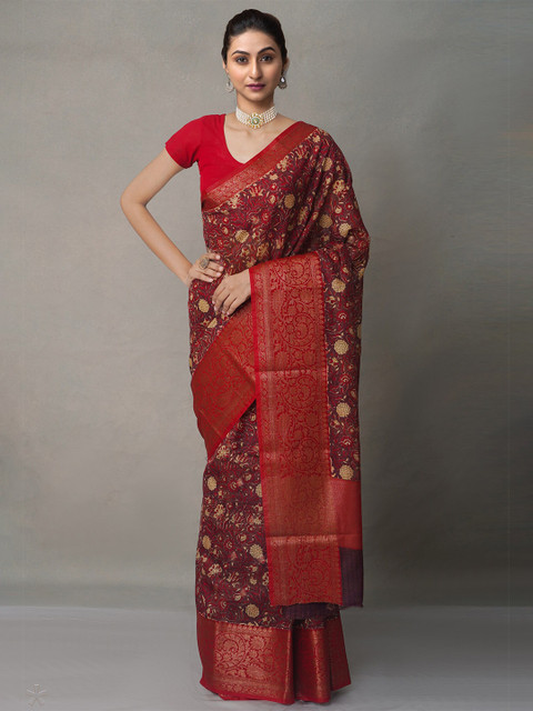 

Unnati Silks Maroon & Beige Silk Cotton Maheshwari Saree