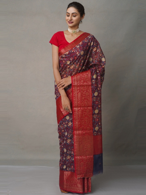 

Unnati Silks Blue & Red Ajrak Printed Zari Silk Cotton Maheshwari Saree