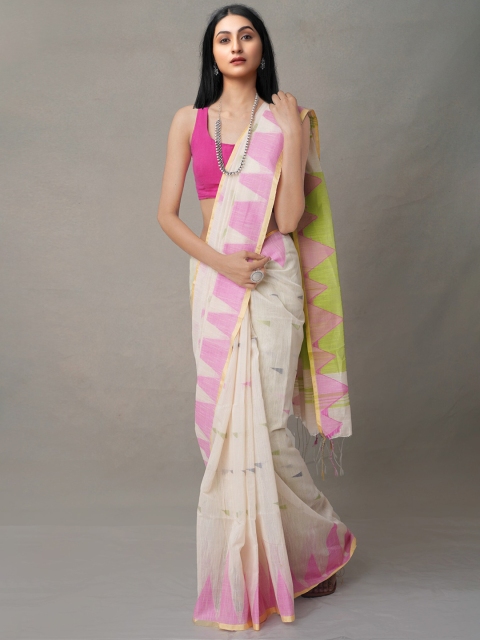 

Unnati Silks Cream-Coloured & Pink Pure Linen Jamdani Saree