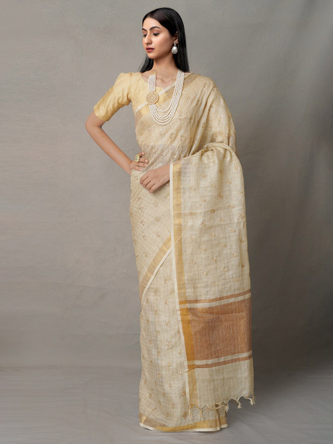 

Unnati Silks Cream-Coloured & Mustard Woven Design Zari Pure Linen Jamdani Saree